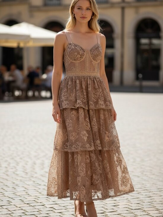 Petal & Pup Dresses & Skirts - Petal & Pup Shania Brown Lace Bustier Tiered Maxi Dress Size M